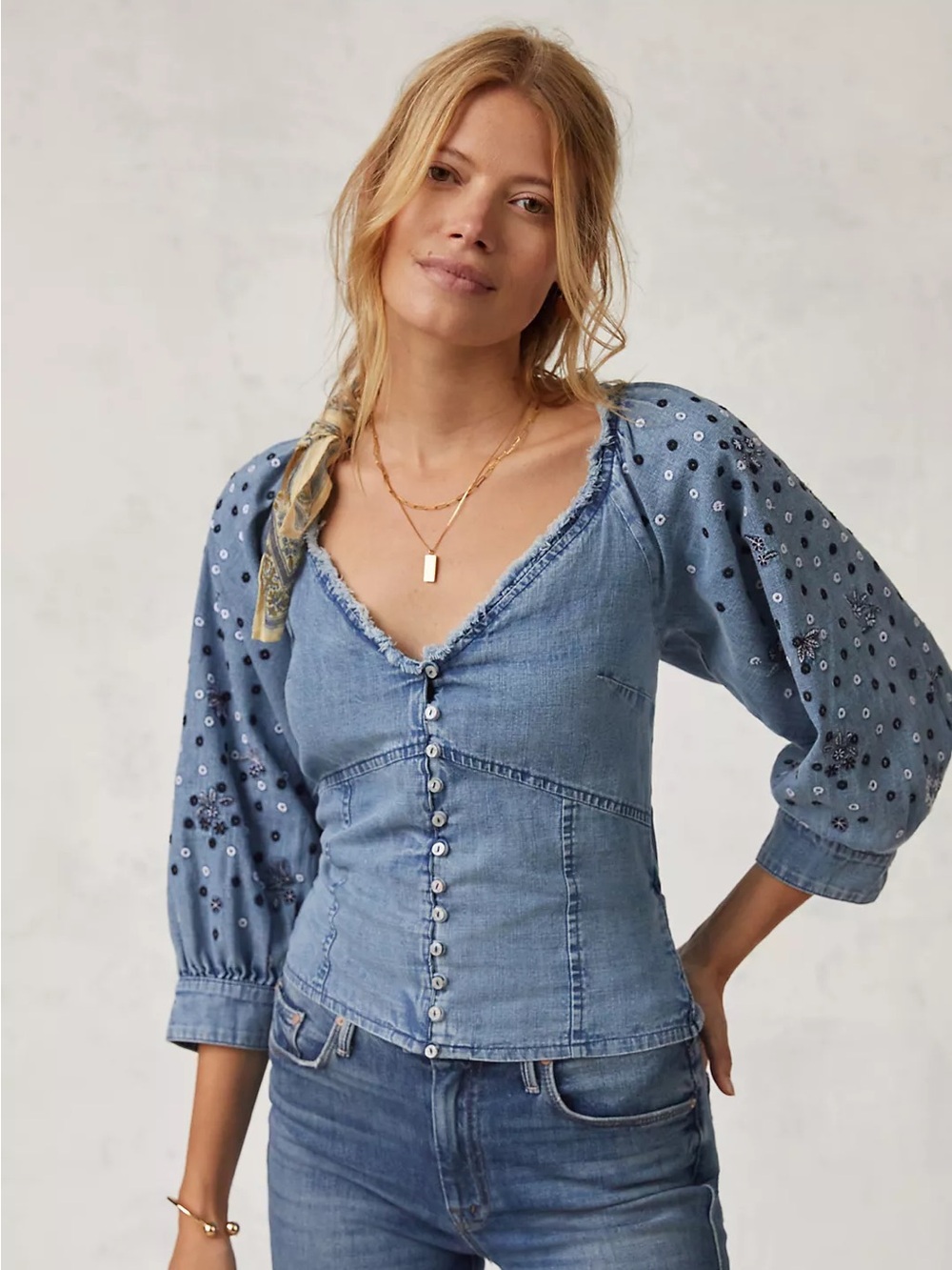 Anthropologie Pilcro Embroidered Chambray Denim Blouse XS Boho Frayed Festival